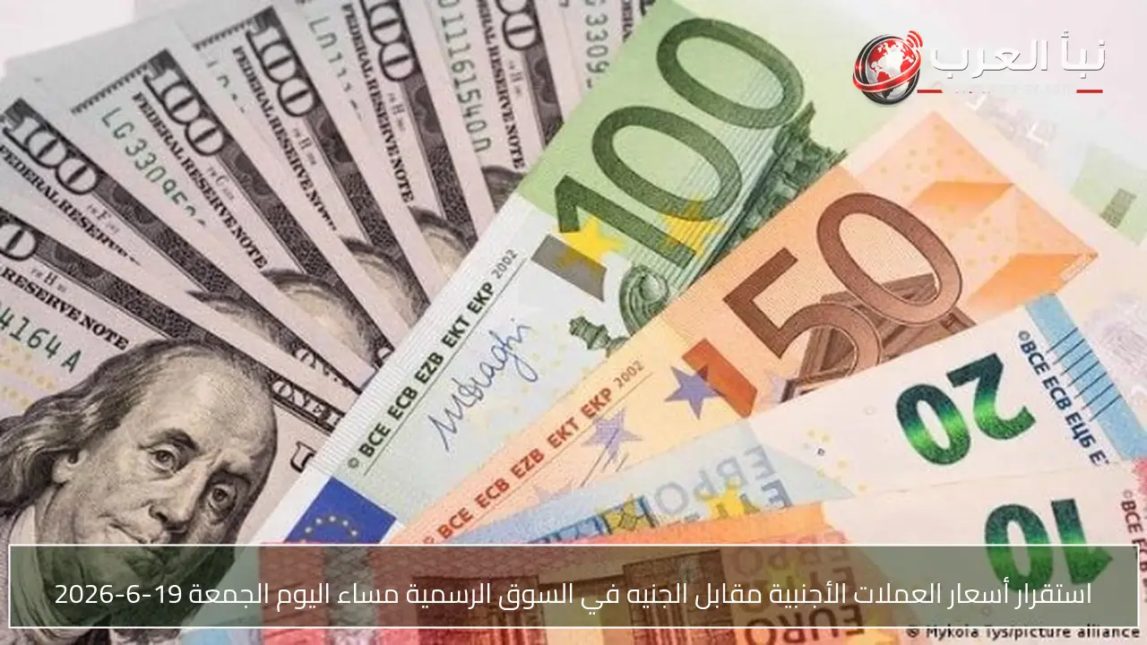 استقرار أسعار العملات الأجنبية مقابل الجنيه في السوق الرسمية مساء اليوم الجمعة 19-6-2026