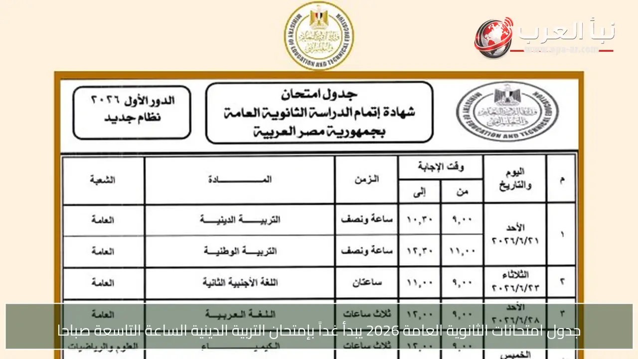 جدول امتحانات الثانوية العامة 2026 يبدأ غداً بإمتحان التربية الدينية الساعة التاسعة صباحا