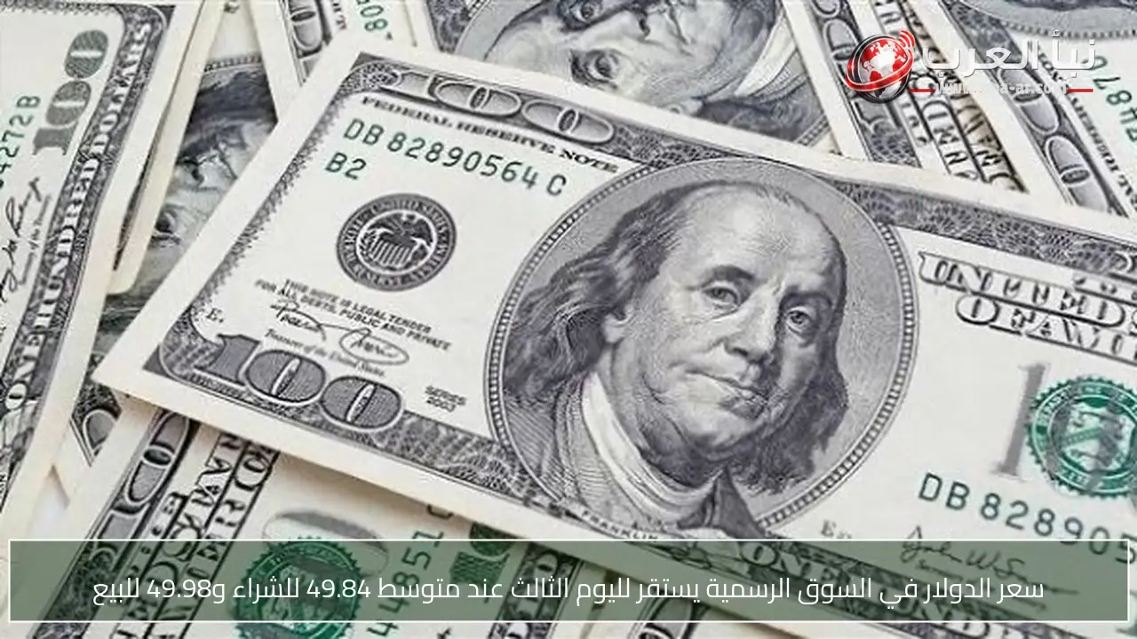 سعر الدولار في السوق الرسمية يستقر لليوم الثالث عند متوسط 49.84 للشراء و49.98 للبيع