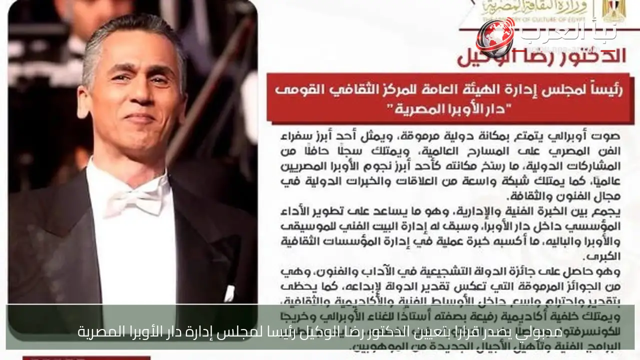 مدبولي يصدر قرارا بتعيين الدكتور رضا الوكيل رئيسا لمجلس إدارة دار الأوبرا المصرية