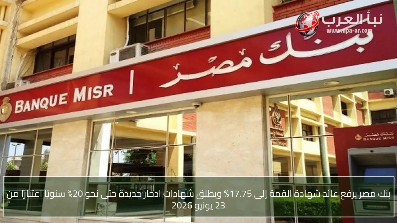 بنك مصر يرفع عائد شهادة القمة إلى 17.75% ويطلق شهادات ادخار جديدة حتى نحو 20% سنويًا اعتبارًا من 23 يونيو 2026