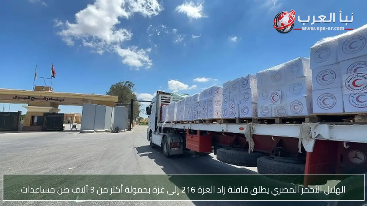 الهلال الأحمر المصري يطلق قافلة زاد العزة 216 إلى غزة بحمولة أكثر من 3 آلاف طن مساعدات