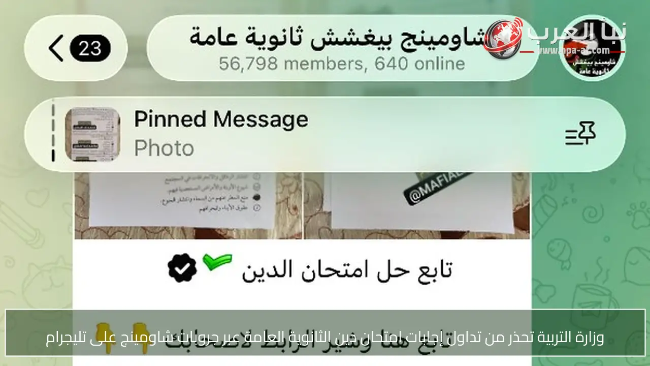 وزارة التربية تحذر من تداول إجابات امتحان دين الثانوية العامة عبر جروبات شاومينج على تليجرام