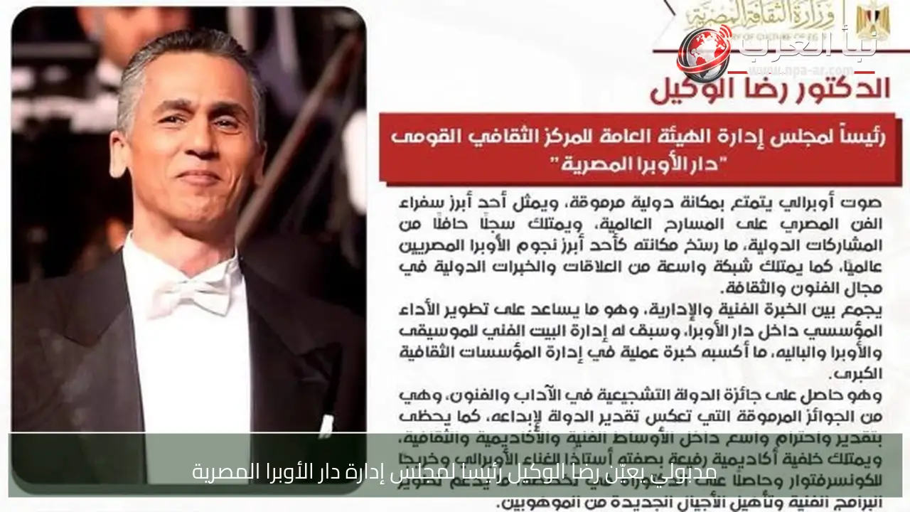 مدبولي يعيّن رضا الوكيل رئيسا لمجلس إدارة دار الأوبرا المصرية