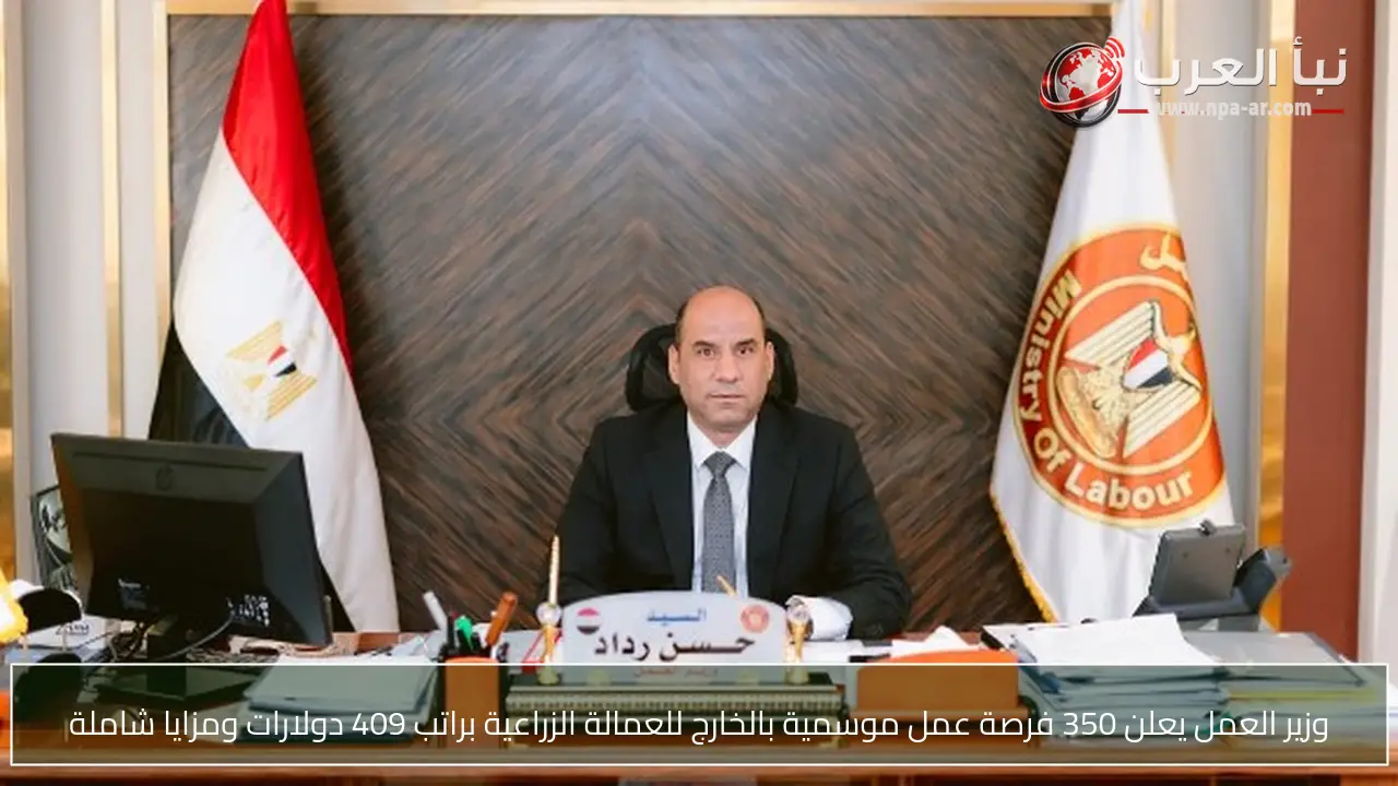 وزير العمل يعلن 350 فرصة عمل موسمية بالخارج للعمالة الزراعية براتب 409 دولارات ومزايا شاملة