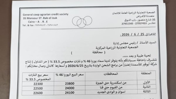 وكيل وزارة الزراعة بقنا يعلن صرف 159 ألفا و293 شيكارة أسمدة للمزارعين